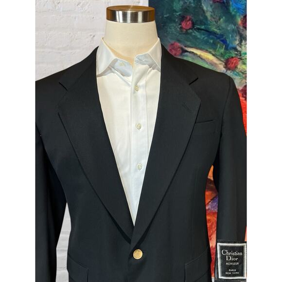 Vtg Christian Dior Monsieur 44R Black Gold Tone Buttons Designer Blazer Coat - Picture 5 of 16